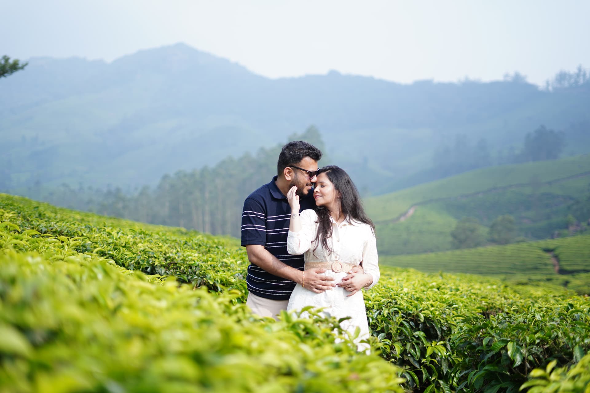 Vinay and Aditi together in the tea plantations of Munnar, India
